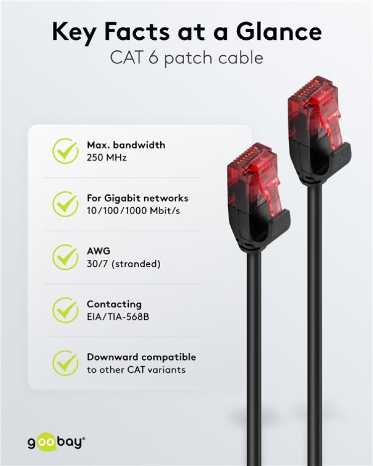 Goobay CAT 6 netwerkkabel slim, U/UTP, zwart koperen geleider (CU), 10 m