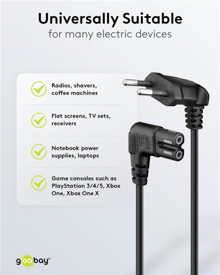 Goobay Aansluitkabel Eurostekker aan beide uiteinden afgeschuind, 3 m, zwart Eurostekker (type C, CEE 7/16) > contrastekker C7