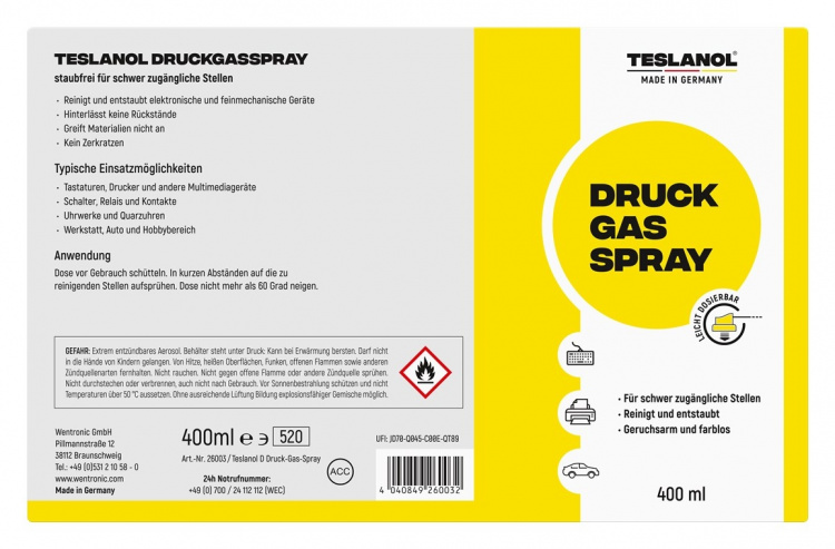 Teslanol Tryckluftsspray för rengöring och avdamning av elektroniska och finmekaniska apparater – 400 ml