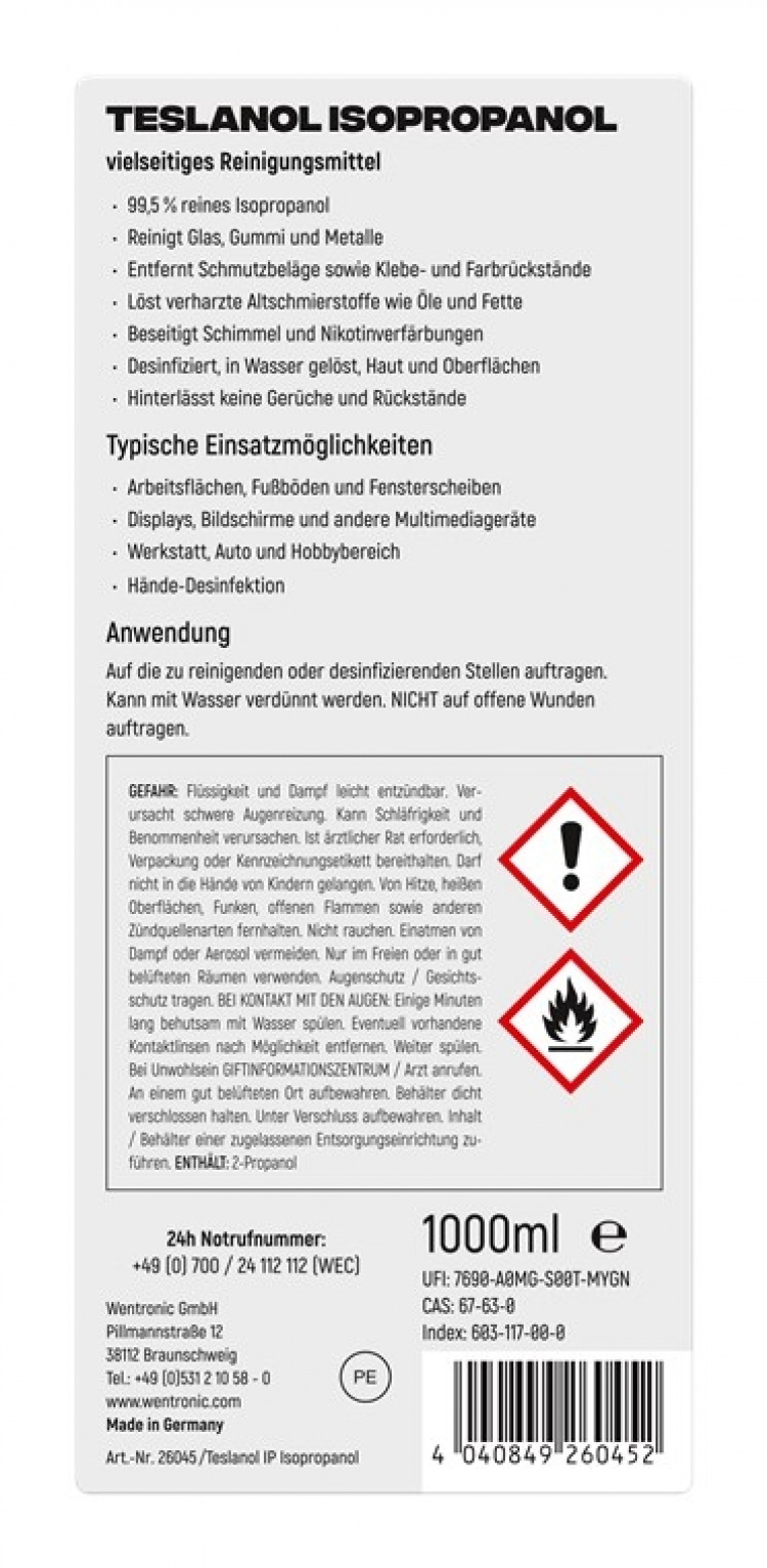 Teslanol Aktivt rengöringsmedel (isopropanol) rengör känsliga material skonsamt och tillförlitligt – 1000 ml Teslanol Aktivt rengöringsmedel (isopropanol) rengör känsliga material skonsamt och tillförlitligt – 1000 ml