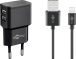 Goobay Apple Lightning Dual laddningssats (12 W) Strömförsörjningsenhet med 2x USB-uttag och Apple Lightning-kabel 1 m (svart)