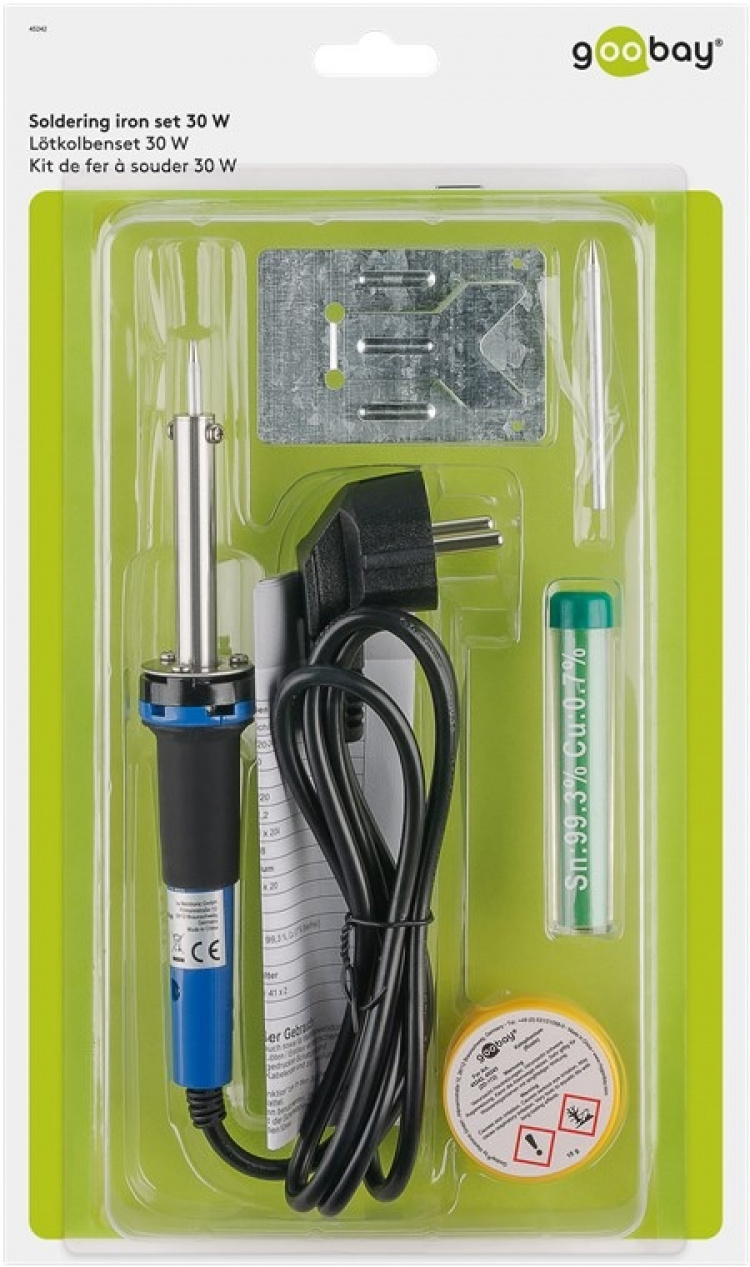 Goobay Lödkolvsats för finlödning, 30 W, 5 st. med lödkolv, lödkolvhållare, lödtunnspiral, extra lödspets och kolofonium Goobay Lödkolvsats för finlödning, 30 W, 5 st. med lödkolv, lödkolvhållare, lödtunnspiral, extra lödspets och kolofonium