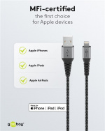 Goobay Lightning till USB-A-textilkabel med metallpluggar 1 m elegant och extra robust anslutningskabel för t.ex. Apple iPhone, iPad (Apple MFi certifierad)
