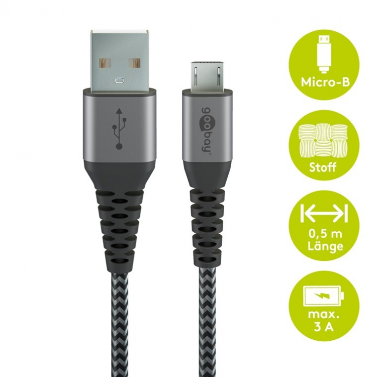 Goobay Micro-USB till USB-A textilkabel med metallkontakter 0,5 m elegant och extra robust anslutningskabel för enheter med Micro-USB-anslutning Goobay Micro-USB till USB-A textilkabel med metallkontakter 0,5 m elegant och extra robust anslutningskabel för enheter med Micro-USB-anslutning
