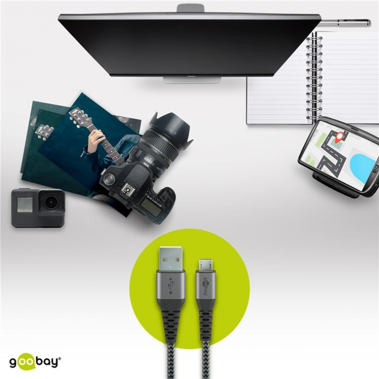 Goobay Micro-USB till USB-A textilkabel med metallkontakter 0,5 m elegant och extra robust anslutningskabel för enheter med Micro-USB-anslutning Goobay Micro-USB till USB-A textilkabel med metallkontakter 0,5 m elegant och extra robust anslutningskabel för enheter med Micro-USB-anslutning