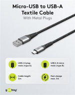 Goobay Micro-USB till USB-A textilkabel med metallkontakter 2 m elegant och extra robust anslutningskabel för enheter med Micro-USB-anslutning Goobay Micro-USB till USB-A textilkabel med metallkontakter 2 m elegant och extra robust anslutningskabel för enheter med Micro-USB-anslutning