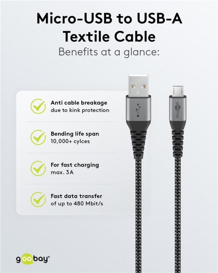 Goobay Micro-USB till USB-A textilkabel med metallkontakter 2 m elegant och extra robust anslutningskabel för enheter med Micro-USB-anslutning Goobay Micro-USB till USB-A textilkabel med metallkontakter 2 m elegant och extra robust anslutningskabel för enheter med Micro-USB-anslutning