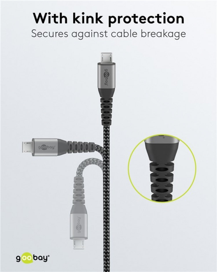 Goobay Micro-USB till USB-A textilkabel med metallkontakter 2 m elegant och extra robust anslutningskabel för enheter med Micro-USB-anslutning Goobay Micro-USB till USB-A textilkabel med metallkontakter 2 m elegant och extra robust anslutningskabel för enheter med Micro-USB-anslutning