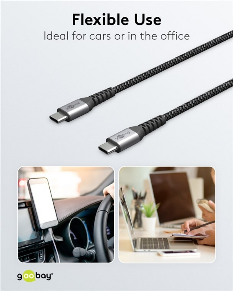 Goobay USB-C™-till-USB-C™-textilkabel med metallkontakter 1 m elegant och extra robust anslutningskabel för enheter med USB-C™-port Goobay USB-C™-till-USB-C™-textilkabel med metallkontakter 1 m elegant och extra robust anslutningskabel för enheter med USB-C™-port