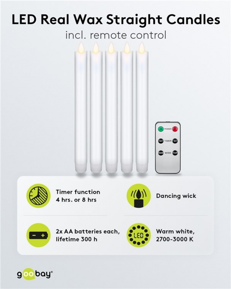 Goobay Set med 5 vita LED riktiga vax stav ljus, inkl. fjärrkontroll Vacker och säker belysningslösning för många områden som hus och loggia, kontor eller skolor