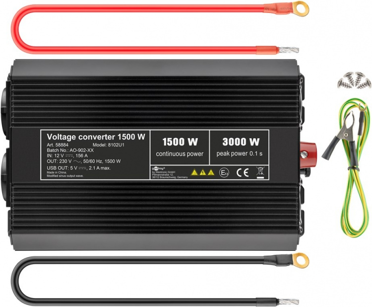 Goobay Spänningsomvandlare DC/AC (12V-230V / 1500W) omvandlar 12 V DC till 230 V AC