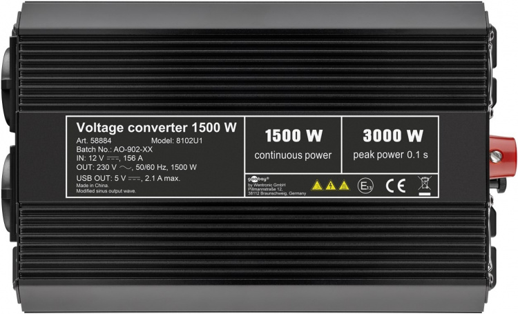 Goobay Spänningsomvandlare DC/AC (12V-230V / 1500W) omvandlar 12 V DC till 230 V AC