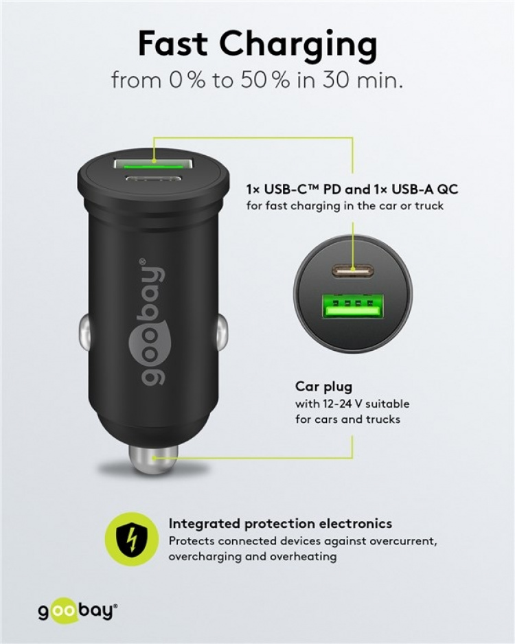 Goobay Dubbel USB-billadare USB-C™ PD (Power Delivery) (45 W) 45 W (12/24 V), lämplig för enheter med USB-C™ (Power Delivery), t.ex. iPhone 12