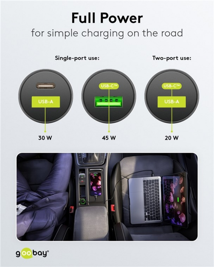 Goobay Dubbel USB-billadare USB-C™ PD (Power Delivery) (45 W) 45 W (12/24 V), lämplig för enheter med USB-C™ (Power Delivery), t.ex. iPhone 12