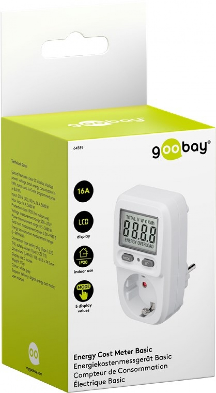 Goobay Digital energimätare Basic för mätning av energiförbrukningen för elektriska hushållsapparater
