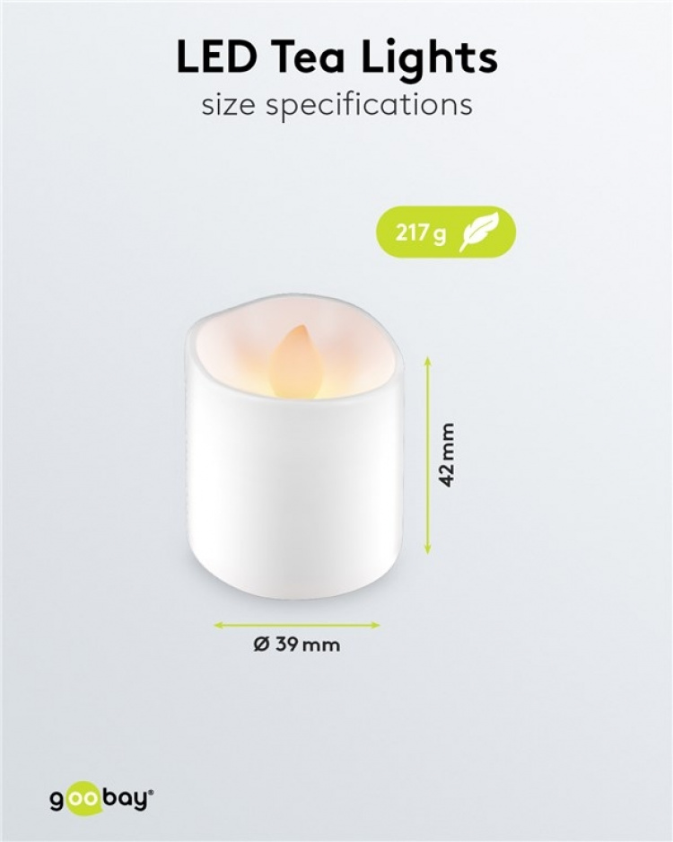 Goobay Uppsättning med 6 LED-värmeljus ljusuppsättning med fjärrkontroll, för inomhusbruk (IP20), varmvitt (2700 K), laddning via USB Goobay Uppsättning med 6 LED-värmeljus ljusuppsättning med fjärrkontroll, för inomhusbruk (IP20), varmvitt (2700 K), laddning via USB