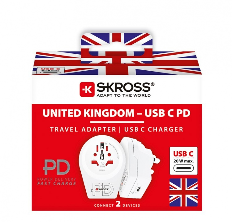 SKROSS World Adapter - World to UK USB-C™ PD för alla jordade och ojordade enheter (2- och 3-poliga), med integrerad, ultrasnabb USB-C™-laddare (Power Delivery)