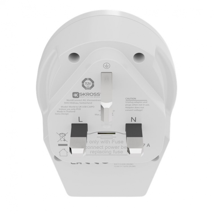 SKROSS World Adapter - World to UK USB-C™ PD för alla jordade och ojordade enheter (2- och 3-poliga), med integrerad, ultrasnabb USB-C™-laddare (Power Delivery)