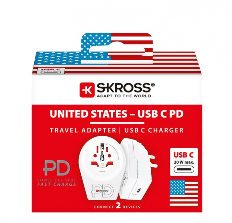 SKROSS World Adapter - World to USA USB-C™ PD voor alle geaarde en niet-geaarde apparaten (2- en 3-pins), met geïntegreerde, ultrasnelle USB-C™-oplader (Power Delivery)