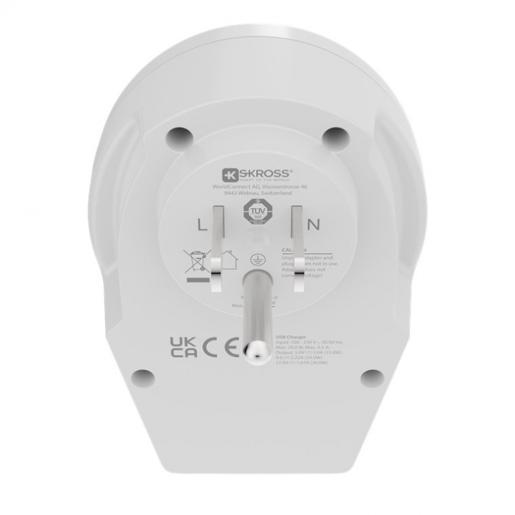 SKROSS World Adapter - World to USA USB-C™ PD voor alle geaarde en niet-geaarde apparaten (2- en 3-pins), met geïntegreerde, ultrasnelle USB-C™-oplader (Power Delivery)