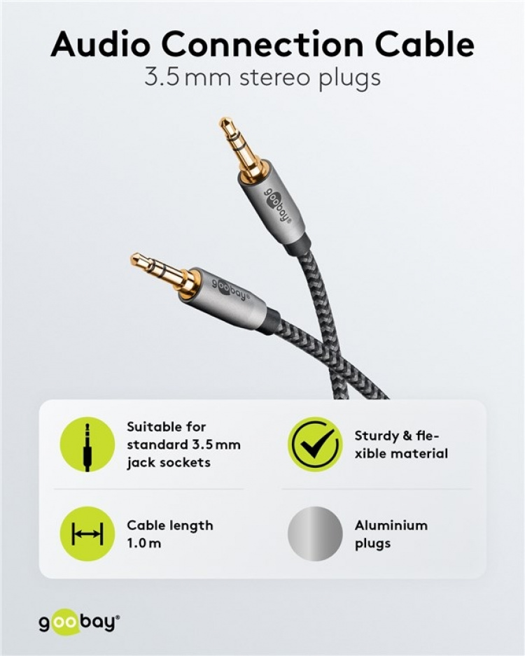 Goobay Ljudanslutningskabel AUX, 3,5 mm stereo, 1 m, Sharkskin Grey Pawl 3,5 mm plugg (3-stift, Stereo) > Pawl 3,5 mm plugg (3-stift, Stereo)