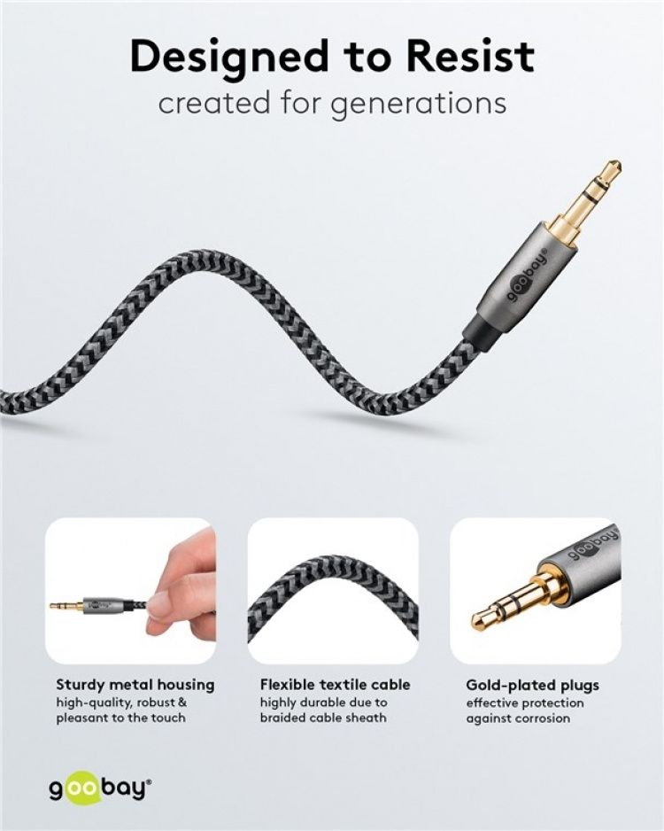Goobay Ljudanslutningskabel AUX, 3,5 mm stereo, 1 m, Sharkskin Grey Pawl 3,5 mm plugg (3-stift, Stereo) > Pawl 3,5 mm plugg (3-stift, Stereo)