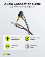 Goobay Ljudanslutningskabel AUX, 3,5 mm stereo, 90°, 0,5 m, Sharkskin Grey Pawl 3,5 mm plugg (3-stift, Stereo) > Pawl 3,5 mm plugg (3-stift, stereo) 90 °