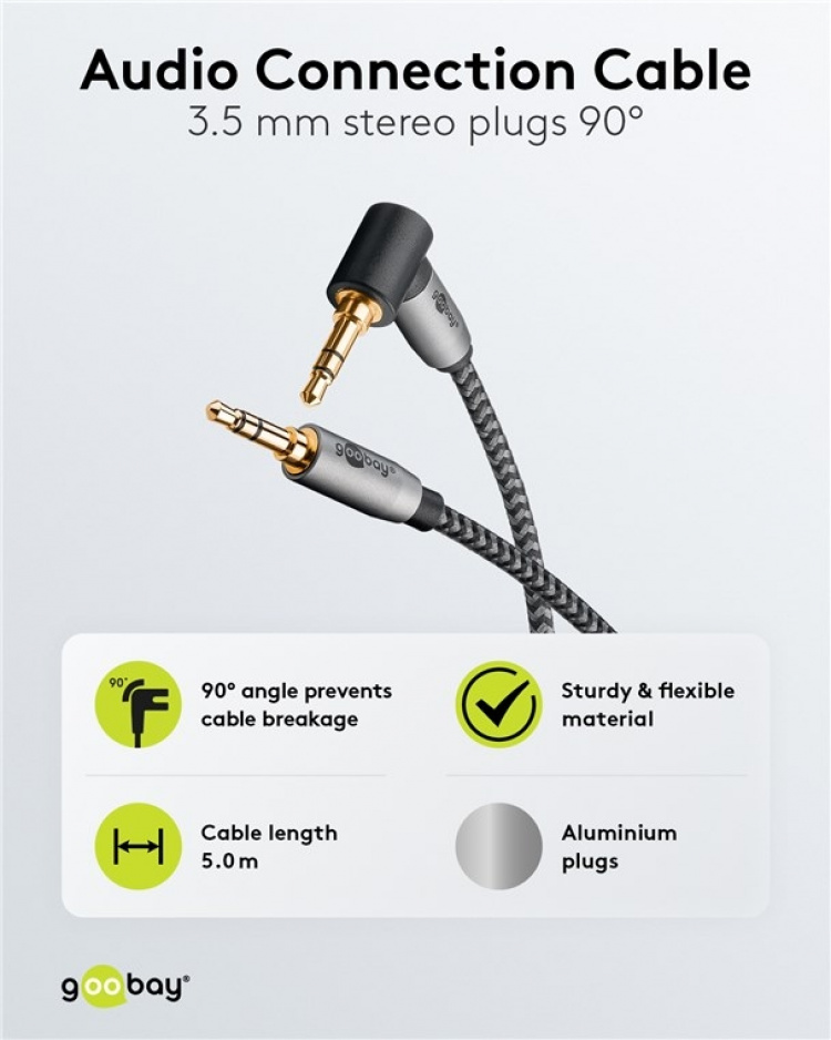 Goobay Ljudanslutningskabel AUX, 3,5 mm stereo, 90°, 5 m, Sharkskin Grey Pawl 3,5 mm plugg (3-stift, Stereo) > Pawl 3,5 mm plugg (3-stift, stereo) 90 ° Goobay Ljudanslutningskabel AUX, 3,5 mm stereo, 90°, 5 m, Sharkskin Grey Pawl 3,5 mm plugg (3-stift, Stereo) > Pawl 3,5 mm plugg (3-stift, stereo) 90 °