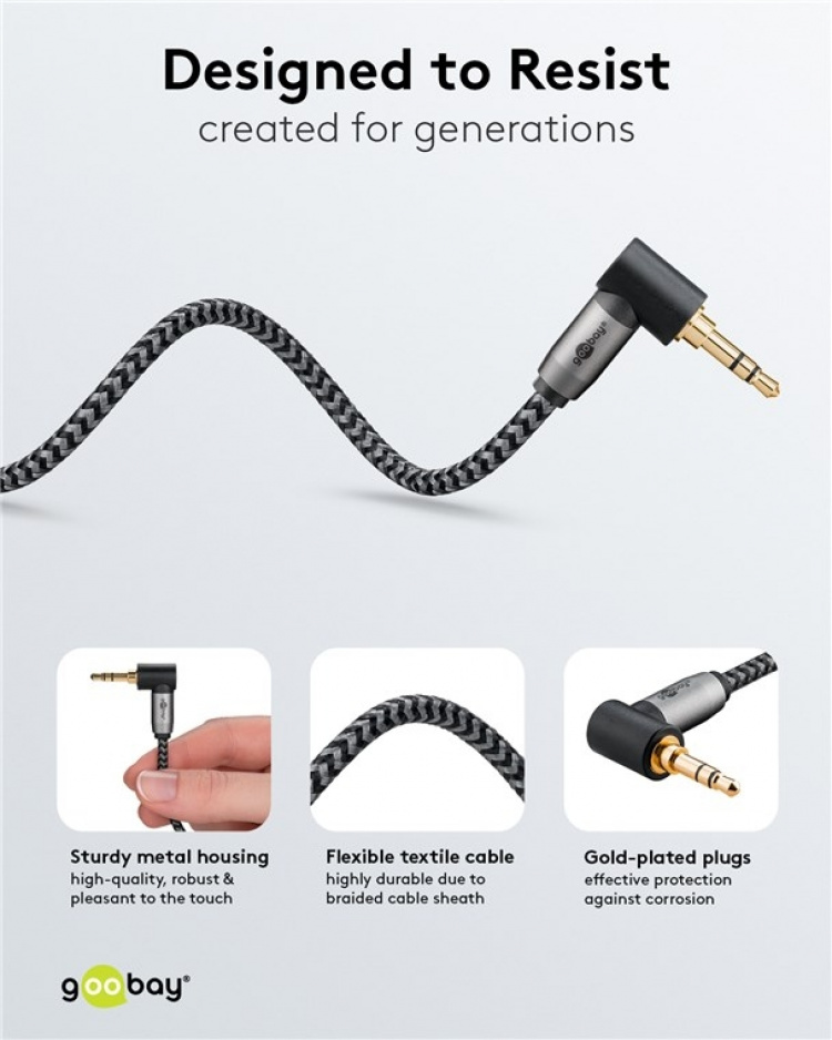 Goobay Ljudanslutningskabel AUX, 3,5 mm stereo, 90°, 5 m, Sharkskin Grey Pawl 3,5 mm plugg (3-stift, Stereo) > Pawl 3,5 mm plugg (3-stift, stereo) 90 ° Goobay Ljudanslutningskabel AUX, 3,5 mm stereo, 90°, 5 m, Sharkskin Grey Pawl 3,5 mm plugg (3-stift, Stereo) > Pawl 3,5 mm plugg (3-stift, stereo) 90 °
