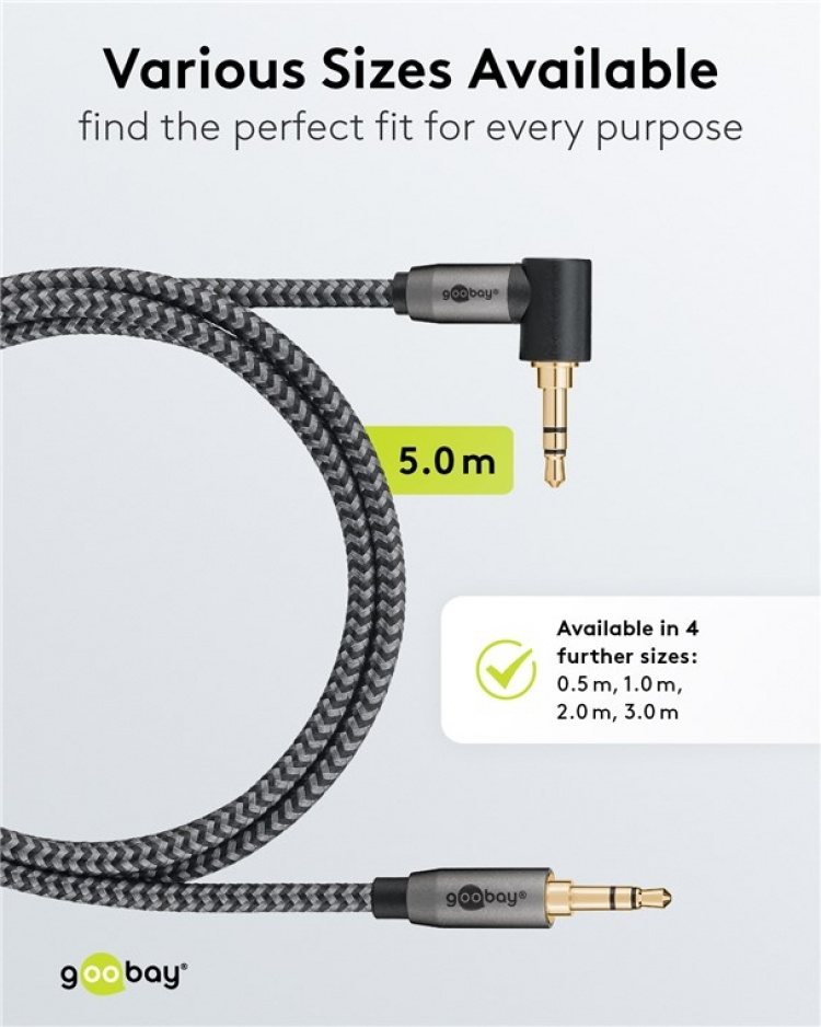 Goobay Ljudanslutningskabel AUX, 3,5 mm stereo, 90°, 5 m, Sharkskin Grey Pawl 3,5 mm plugg (3-stift, Stereo) > Pawl 3,5 mm plugg (3-stift, stereo) 90 ° Goobay Ljudanslutningskabel AUX, 3,5 mm stereo, 90°, 5 m, Sharkskin Grey Pawl 3,5 mm plugg (3-stift, Stereo) > Pawl 3,5 mm plugg (3-stift, stereo) 90 °