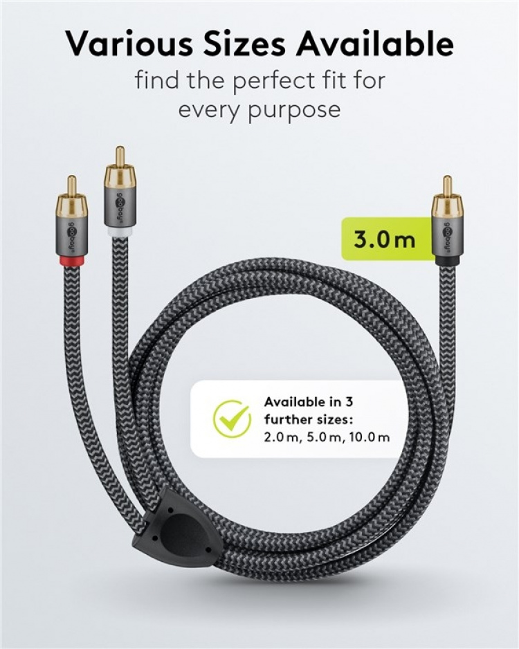 Goobay RCA-splitterkabel, 3 m, Sharkskin Grey Cinch kontakten (woofer, Center) > 2x Cinch kontakten (woofer)