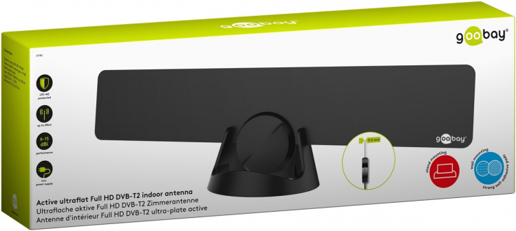 Goobay Ultraplatt aktiv Full HD DVB-T2 inomhusantenn, inkl. LTE/4G-filter med upp till 16 dBi förstärkning för svag mottagningssignal