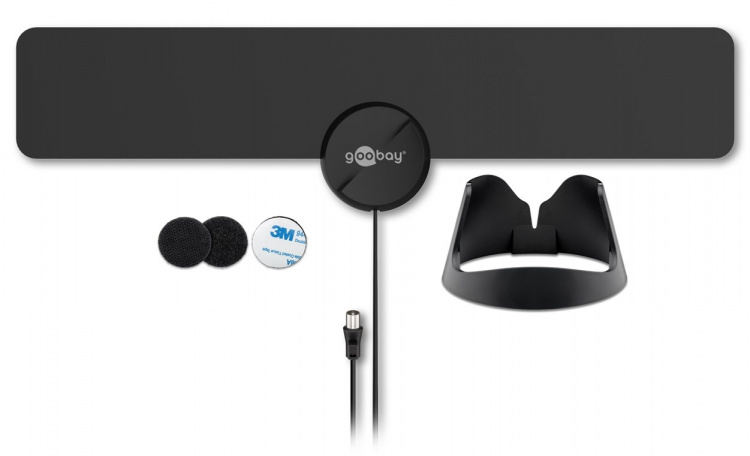 Goobay Ultraplatt aktiv Full HD DVB-T2 inomhusantenn, inkl. LTE/4G-filter med upp till 16 dBi förstärkning för svag mottagningssignal