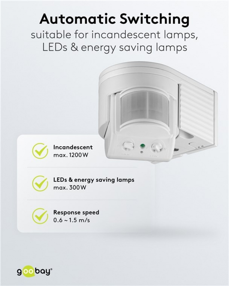 Goobay Infraröd rörelsedetektor för väggmontering, 180° detektering, 12 m räckvidd, för utomhusbruk (IP44), LED-anpassad
