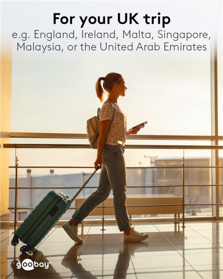 Goobay Nätadapter Storbritannien, svart uttag med skyddsjord (typ F, CEE 7/3) > brittisk 3-polig kontakt (typ G, BS 8546)