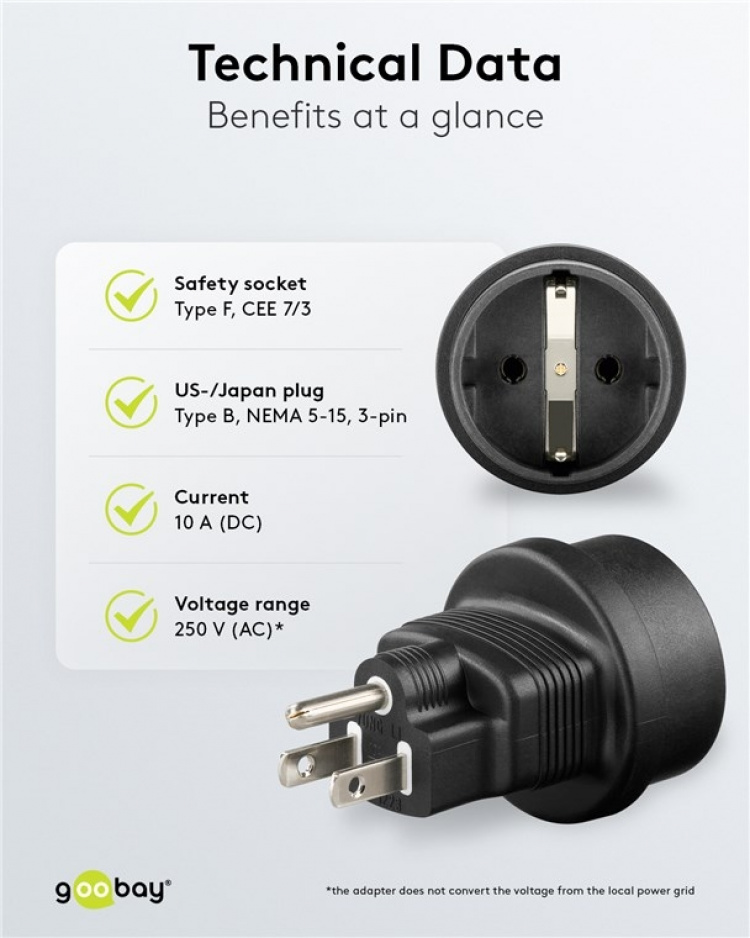 Goobay Nätadapter US, svart uttag med skyddsjord (typ F, CEE 7/3) > Amerikansk/japansk kontakt (typ B, NEMA 5-15, 3-polig)