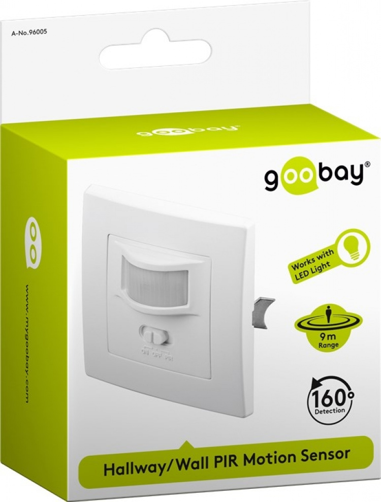 Goobay Infraröd rörelsedetektor för infälld väggmontering, 160° detektion, 9 m räckvidd, för inomhusbruk (IP20), LED-anpassad
