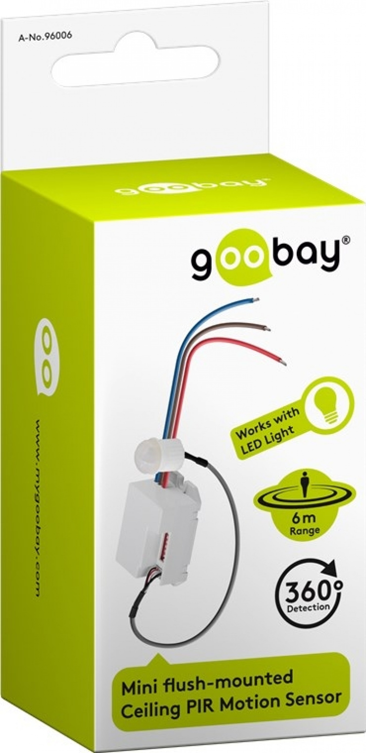 Goobay Infraröd rörelsedetektor för infälld montering i taket, 360°-detektion, 6 m räckvidd, för inomhusbruk (IP20), LED-anpassad