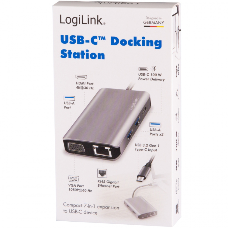 LogiLink USB-C-dockningsstation 7-i-1 HDMI/VGA/RJ45/USB-C 100W PD LogiLink USB-C-dockningsstation 7-i-1 HDMI/VGA/RJ45/USB-C 100W PD