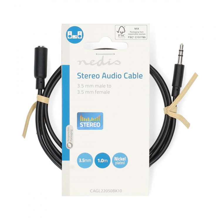 Nedis Stereo-Audiokabel | 3,5 mm Male | 3,5 mm Female | Vernikkeld | 1.00 m | Rond | Zwart | Label