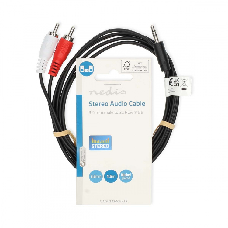 Nedis Stereo-Audiokabel | 3,5 mm Male | 2x RCA Male | Vernikkeld | 1.50 m | Rond | Zwart | Label Nedis Stereo-Audiokabel | 3,5 mm Male | 2x RCA Male | Vernikkeld | 1.50 m | Rond | Zwart | Label