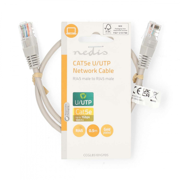 Nedis CAT5e Netwerkkabel | U/UTP | RJ45 Male | RJ45 Male | 0.50 m | Rond | PVC | Grijs | Label Nedis CAT5e Netwerkkabel | U/UTP | RJ45 Male | RJ45 Male | 0.50 m | Rond | PVC | Grijs | Label