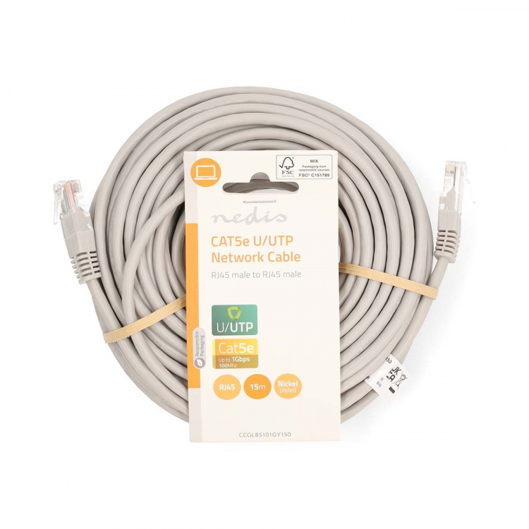Nedis CAT5e Netwerkkabel | U/UTP | RJ45 Male | RJ45 Male | 15.0 m | Rond | PVC | Grijs | Label