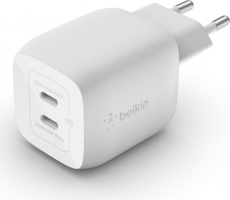 Belkin Boost Charge Pro Dual Port USB-C GaN 45 W PD 3.0 -verkkovirtalaturi, valkoinen