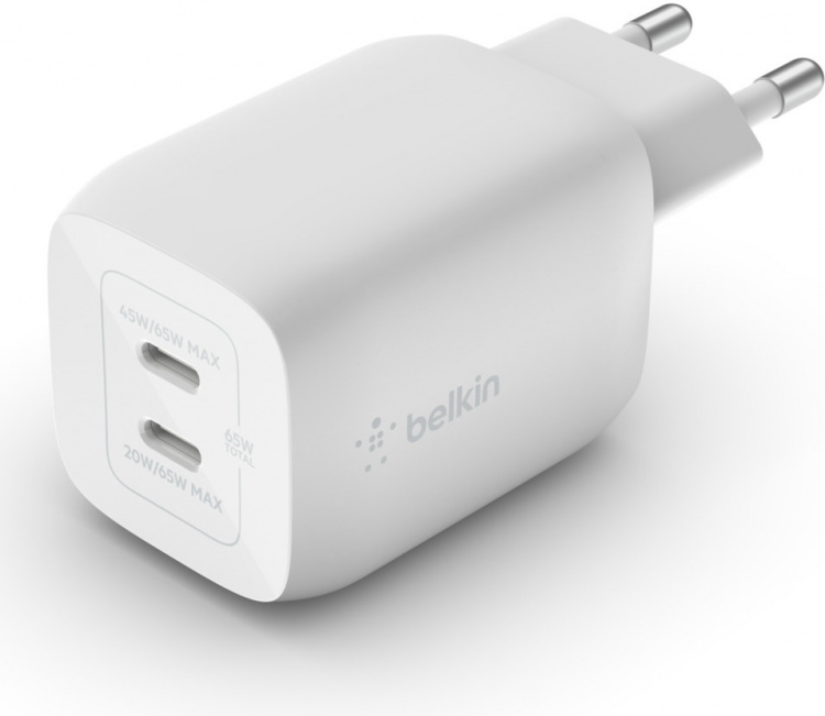 Belkin Boost Charge Pro Dual Port USB-C GaN 65 W PD 3.0 -verkkovirtalaturi, valkoinen Belkin Boost Charge Pro Dual Port USB-C GaN 65 W PD 3.0 -verkkovirtalaturi, valkoinen