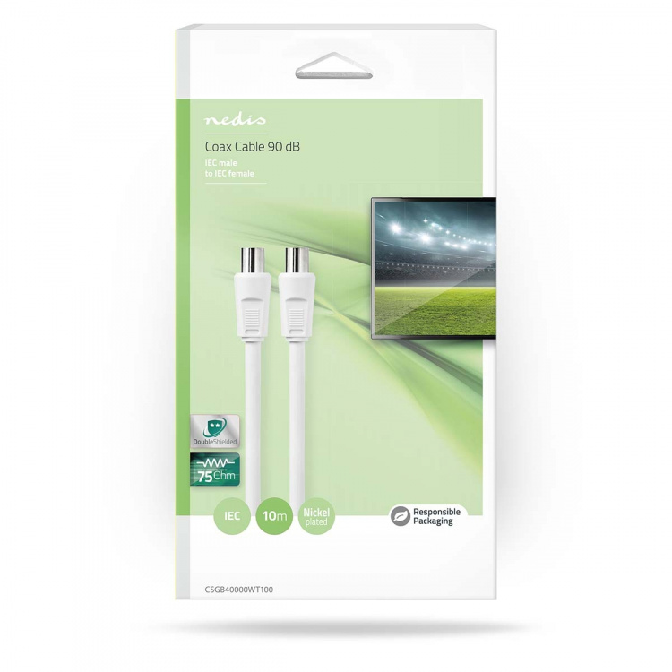 Nedis Coaxkabel | IEC (Coax) Male | IEC (Coax) Female | Vernikkeld | 90 dB | 75 Ohm | Dubbel Afgeschermd | 10.0 m | Rond | PVC | Wit | Doos