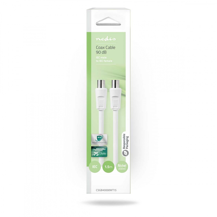 Nedis Coaxkabel | IEC (Coax) Male | IEC (Coax) Female | Vernikkeld | 90 dB | 75 Ohm | Dubbel Afgeschermd | 1.50 m | Rond | PVC | Wit | Doos Nedis Coaxkabel | IEC (Coax) Male | IEC (Coax) Female | Vernikkeld | 90 dB | 75 Ohm | Dubbel Afgeschermd | 1.50 m | Rond | PVC | Wit | Doos