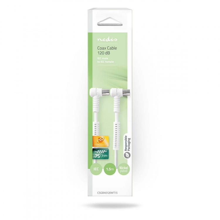 Nedis Coaxkabel | IEC (Coax) Male | IEC (Coax) Female | Vernikkeld | 120 dB | 75 Ohm | Viervoudig Afgeschermd | 1.50 m | Rond | PVC | Wit | Doos Nedis Coaxkabel | IEC (Coax) Male | IEC (Coax) Female | Vernikkeld | 120 dB | 75 Ohm | Viervoudig Afgeschermd | 1.50 m | Rond | PVC | Wit | Doos