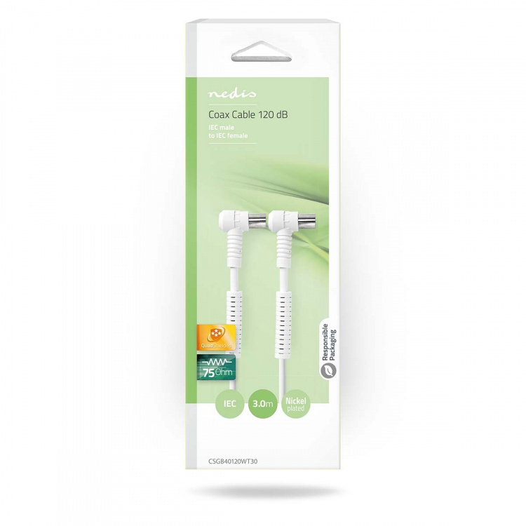 Nedis Coaxkabel | IEC (Coax) Male | IEC (Coax) Female | Vernikkeld | 120 dB | 75 Ohm | Viervoudig Afgeschermd | 3.00 m | Rond | PVC | Wit | Doos Nedis Coaxkabel | IEC (Coax) Male | IEC (Coax) Female | Vernikkeld | 120 dB | 75 Ohm | Viervoudig Afgeschermd | 3.00 m | Rond | PVC | Wit | Doos