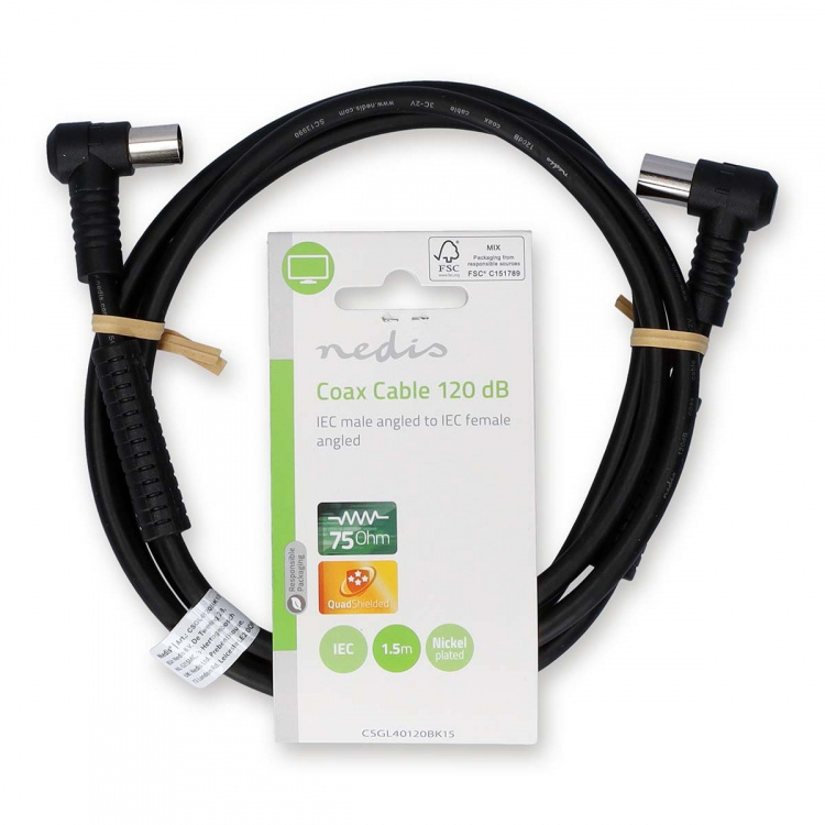Nedis Coaxkabel | IEC (Coax) Male | IEC (Coax) Female | Vernikkeld | 120 dB | 75 Ohm | Viervoudig Afgeschermd | 1.50 m | Rond | PVC | Zwart | Label
